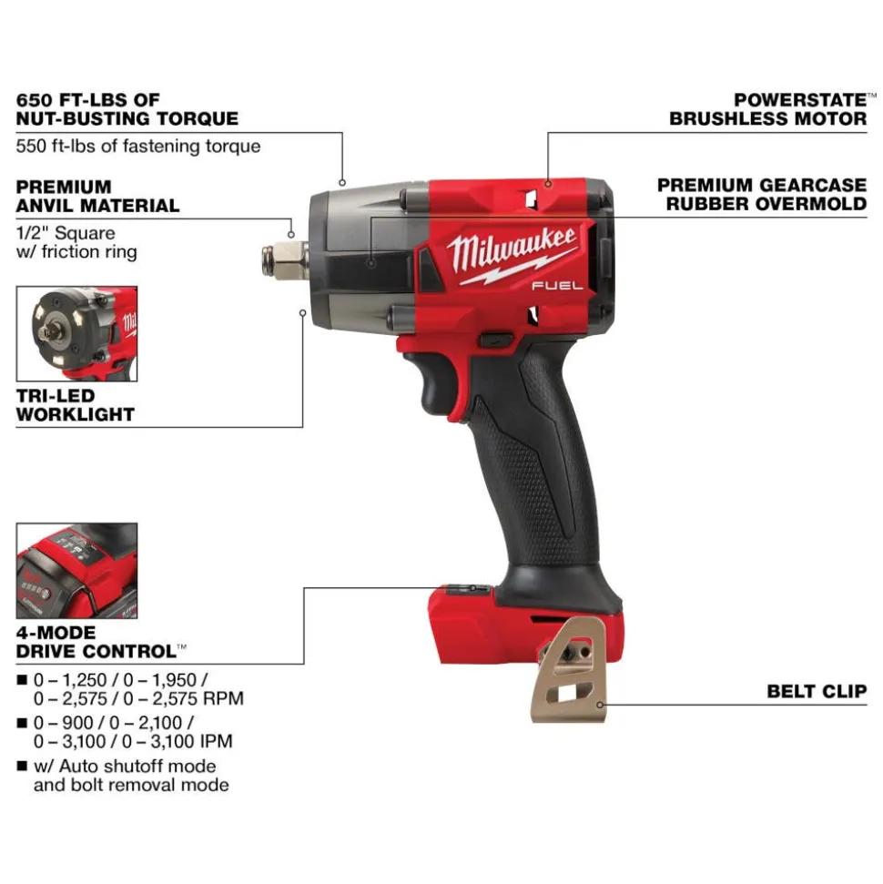 Milwaukee Tools M18 FUEL 1" SDS Plus Rotary Hammer Dust Extractor Kit w/ ONE-KEY, M18 FUEL 1/2" Mid-Torque Impact Wrench w/ Friction Ring (Bare Tool), and SDS-Plus MX4 4-Cutter Rotary Hammer Drill Bits - 6pc Kit KIT-2914-22DE-2962-20-48-20-7499