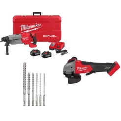 Milwaukee Tools M18 FUEL 1-1/4" SDS Plus D-Handle Rotary Hammer Kit w/ ONE-KEY, M18 FUEL 5" Angle Grinder Paddle Switch, No-Lock (Tool Only), and SDS-Plus MX4 4-Cutter Rotary Hammer Drill Bits - 6pc Kit KIT-2916-22-2880-20-48-20-7499