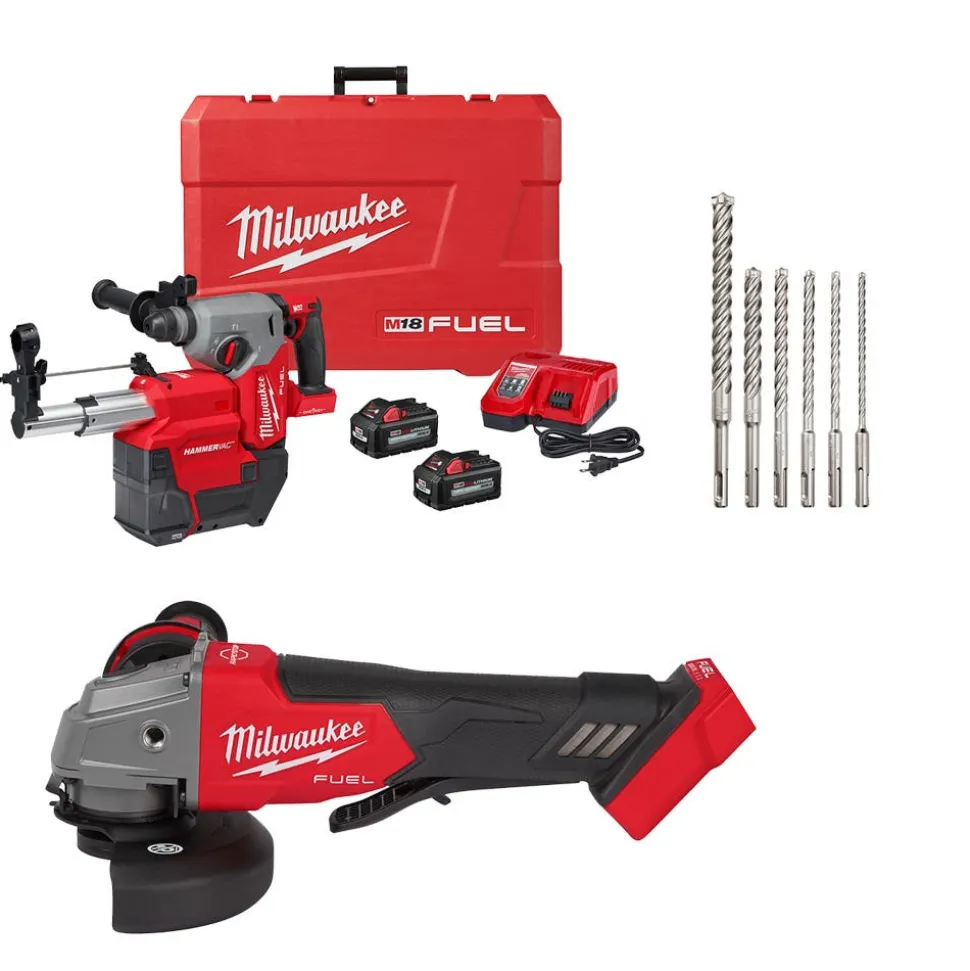 Milwaukee Tools M18 FUEL 1" SDS Plus Rotary Hammer Dust Extractor Kit w/ ONE-KEY, M18 FUEL 5" Angle Grinder Paddle Switch, No-Lock (Tool Only) , and SDS-Plus MX4 4-Cutter Rotary Hammer Drill Bits - 6pc Kit KIT-2914-22DE-2880-20-48-20-7499