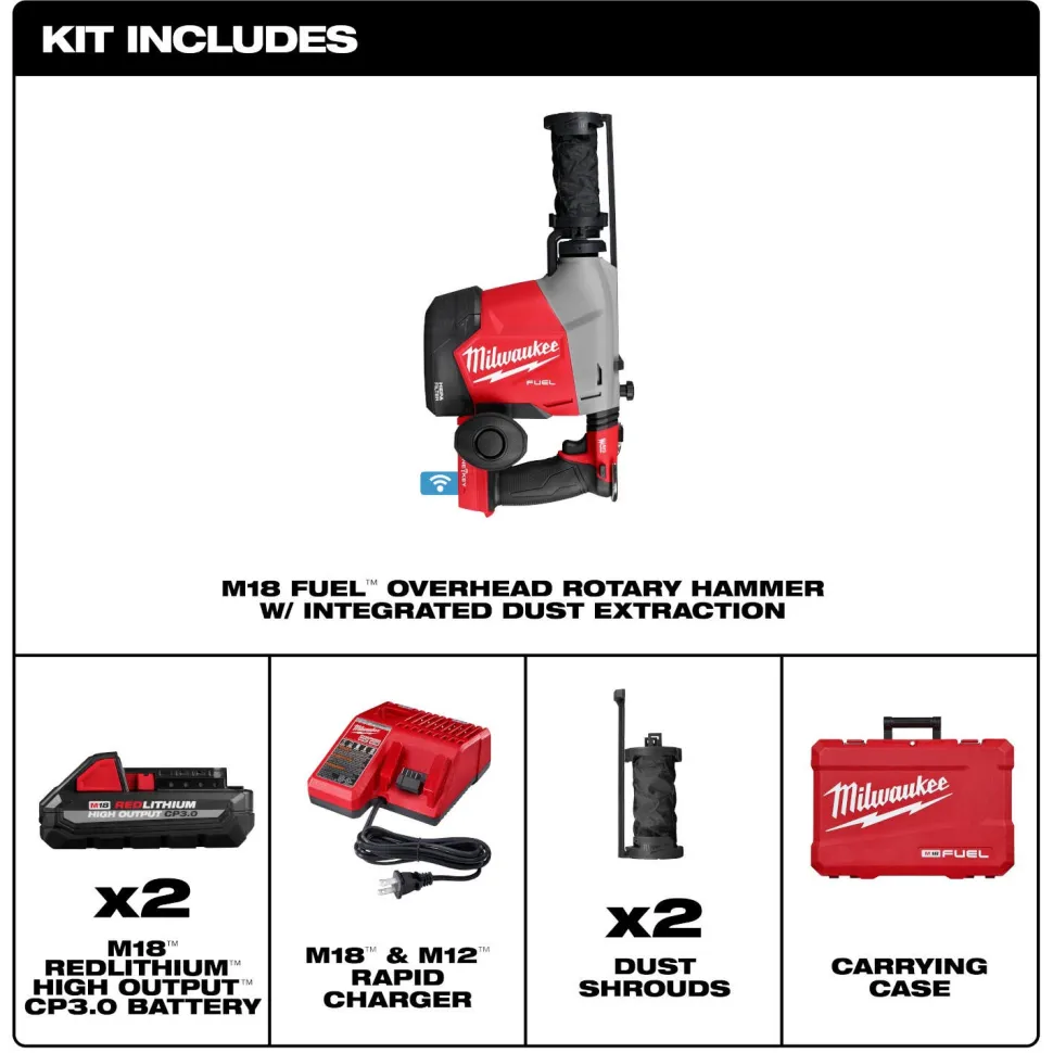 Milwaukee Tools M18 FUEL Overhead Rotary Hammer with Integrated Dust Extraction Kit 3311-22