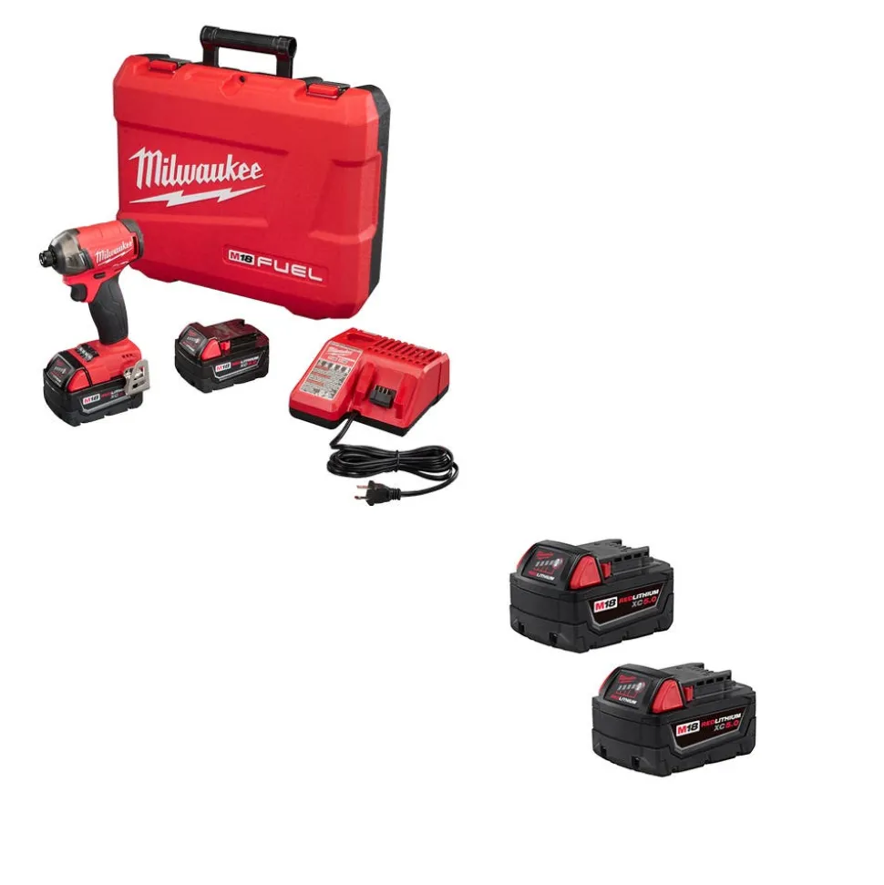 Milwaukee Tools M18 FUEL SURGE 1/4" Hex Hydraulic Driver (5.0Ah) Kit and M18 Red Lithium 5.0 Ah XC Battery 2 PACK KIT-2760-22-48-11-1852