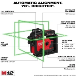 Milwaukee Tools M12 Green 360° 3-Plane Laser w/Automatic Alignment & Receiver 3642-21
