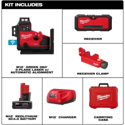 Milwaukee Tools M12 Green 360° 3-Plane Laser w/Automatic Alignment & Receiver 3642-21