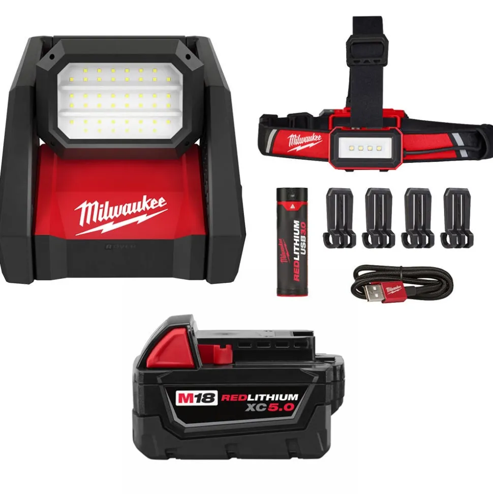 Milwaukee Tools M18 Rover Dual Power 4,000 Lumen Flood Light (Bare Tool), RedLithium USB 600 Lumen Low-Profile Headlamp (3.0Ah) Kit, and M18 Red Lithium 5.0 Ah XC Battery KIT-2366-20-2115-21-48-11-1850