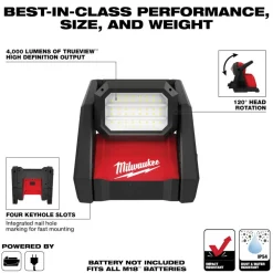 Milwaukee Tools M18 Rover Dual Power 4,000 Lumen Flood Light (Bare Tool), RedLithium USB 600 Lumen Low-Profile Headlamp (3.0Ah) Kit, and M18 Red Lithium 5.0 Ah XC Battery KIT-2366-20-2115-21-48-11-1850