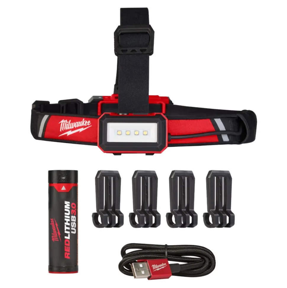 Milwaukee Tools M18 Rover Dual Power 4,000 Lumen Flood Light (Bare Tool), RedLithium USB 600 Lumen Low-Profile Headlamp (3.0Ah) Kit, and M18 Red Lithium 5.0 Ah XC Battery KIT-2366-20-2115-21-48-11-1850