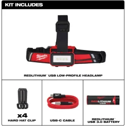 Milwaukee Tools M18 Rover Dual Power 4,000 Lumen Flood Light (Bare Tool), RedLithium USB 600 Lumen Low-Profile Headlamp (3.0Ah) Kit, and M18 Red Lithium 5.0 Ah XC Battery KIT-2366-20-2115-21-48-11-1850
