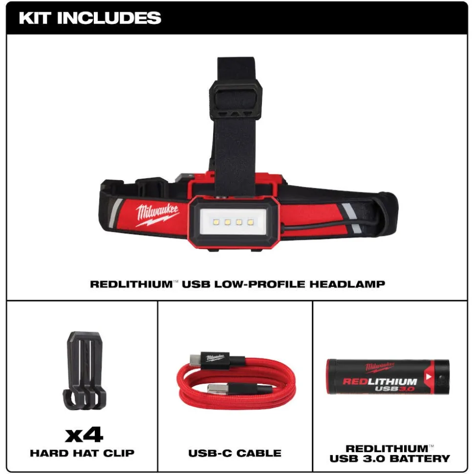 Milwaukee Tools M18 Rover Dual Power 4,000 Lumen Flood Light (Bare Tool), RedLithium USB 600 Lumen Low-Profile Headlamp (3.0Ah) Kit, and M18 Red Lithium 5.0 Ah XC Battery KIT-2366-20-2115-21-48-11-1850
