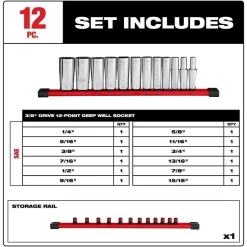 Milwaukee Tools 12pc 3/8” Drive 12-Point Deep Well SAE Socket Set 48-22-9421