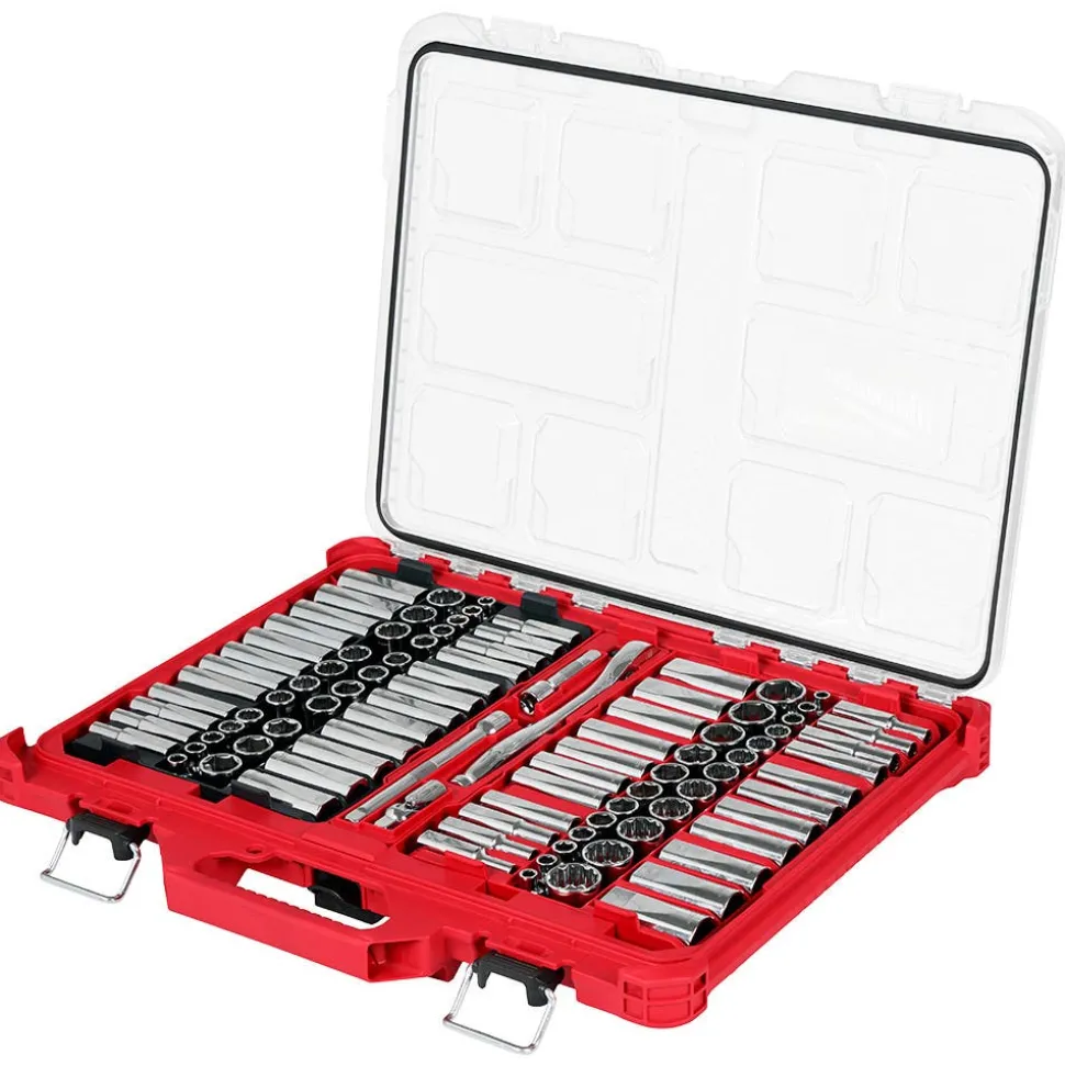 Milwaukee Tools 98pc 3/8" 6-Pt and 12-Pt Metric & SAE Ratchet & Socket Set with PACKOUT™ Low-Profile Organizer 48-22-9285