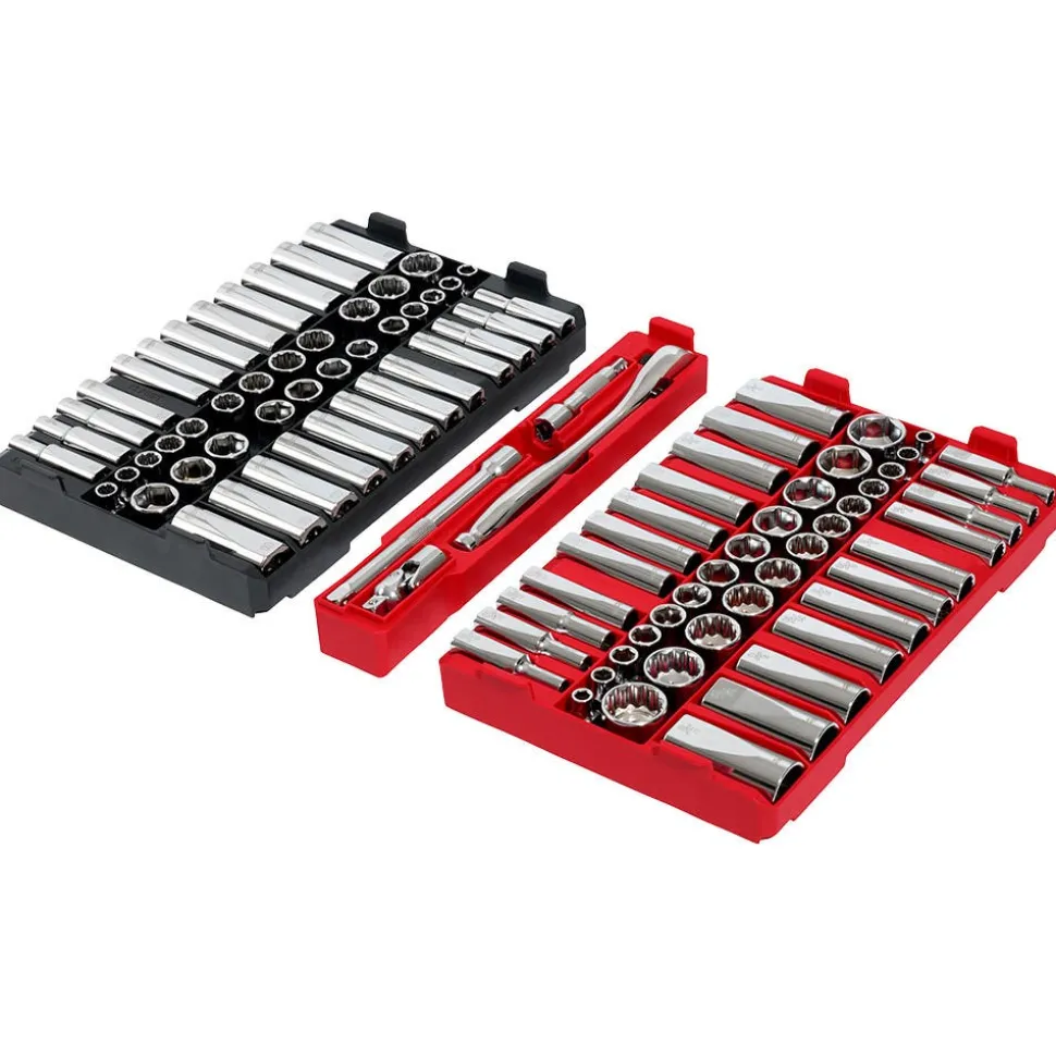 Milwaukee Tools 98pc 3/8" 6-Pt and 12-Pt Metric & SAE Ratchet & Socket Set with PACKOUT™ Low-Profile Organizer 48-22-9285