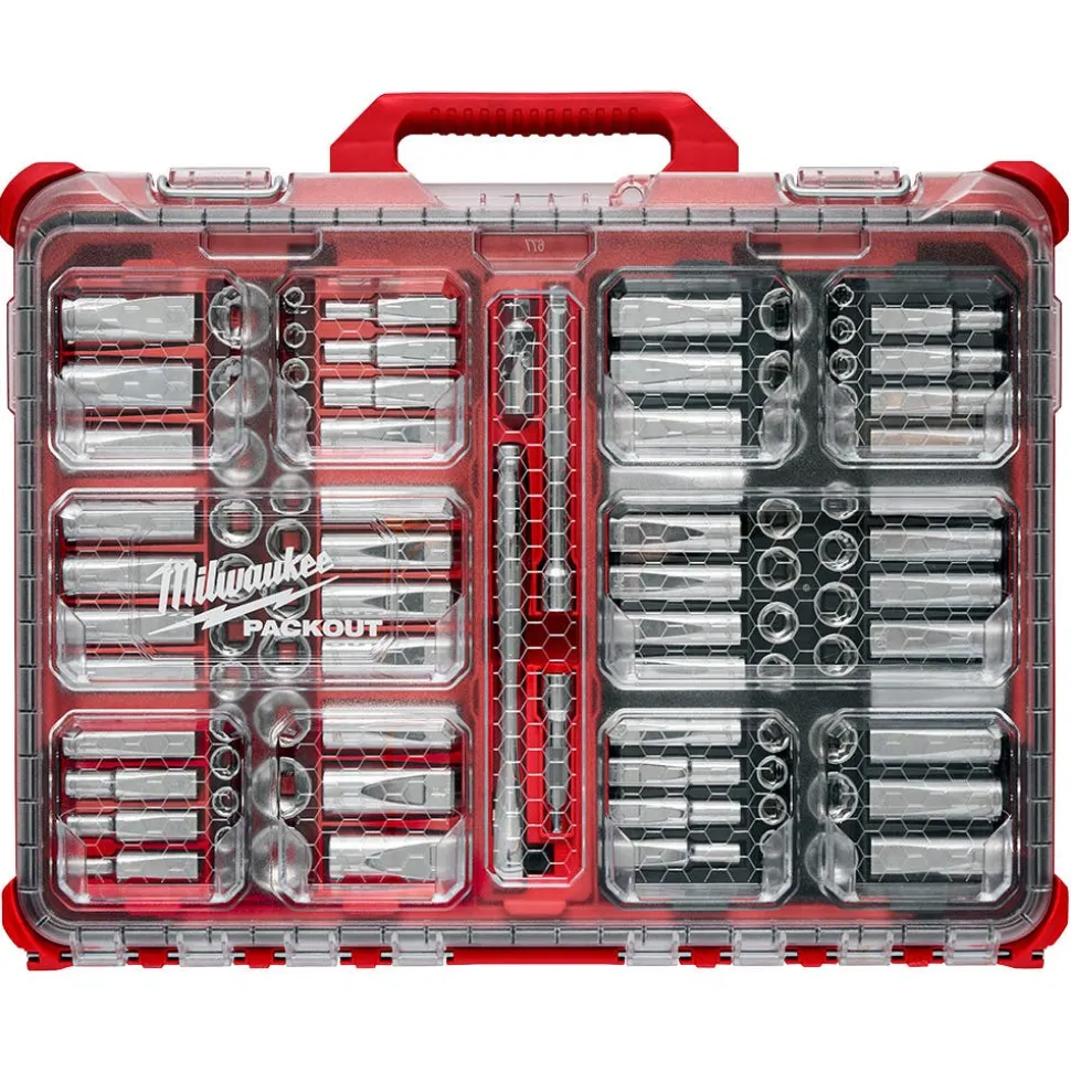 Milwaukee Tools 98pc 3/8" 6-Pt and 12-Pt Metric & SAE Ratchet & Socket Set with PACKOUT™ Low-Profile Organizer 48-22-9285