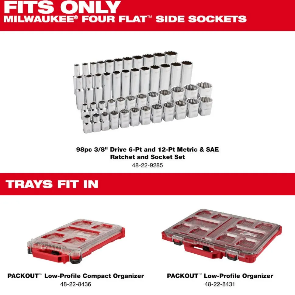 Milwaukee Tools 98pc 3/8" 6-Pt and 12-Pt Metric & SAE Ratchet & Socket Set with PACKOUT™ Low-Profile Organizer 48-22-9285