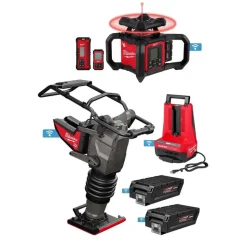 MX FUEL 70 kg Rammer Kit w/ M18 Red Exterior Dual Slope Rotary Laser Level Kit Bundle