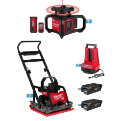MX FUEL 20" Plate Compactor w/ M18 Red Exterior Dual Slope Rotary Laser Level Kit Bundle