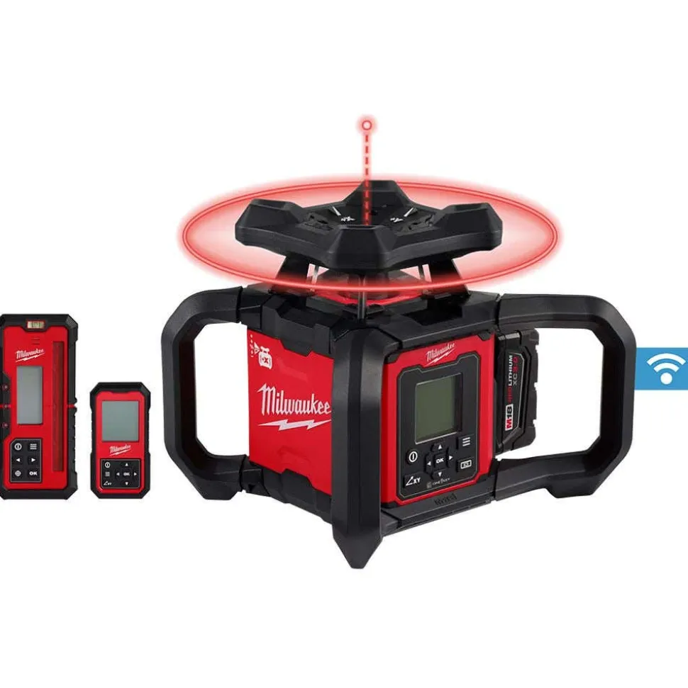 MX FUEL 20" Plate Compactor w/ M18 Red Exterior Dual Slope Rotary Laser Level Kit Bundle