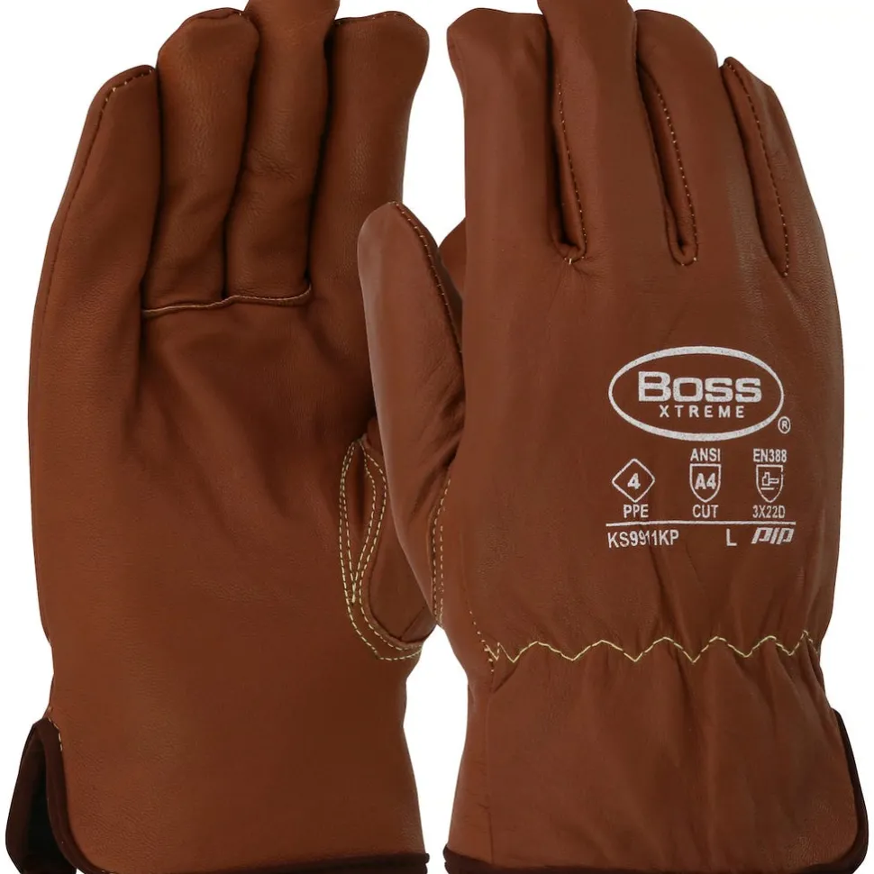 PIP Safety / BOSS AR Top Grain Goatskin Leather Drivers A4 Glove with Oil Armor Finish and Para-Aramid Lining - Fleece Lined Insulation, Brown, 2XL KS9911KP/2XL