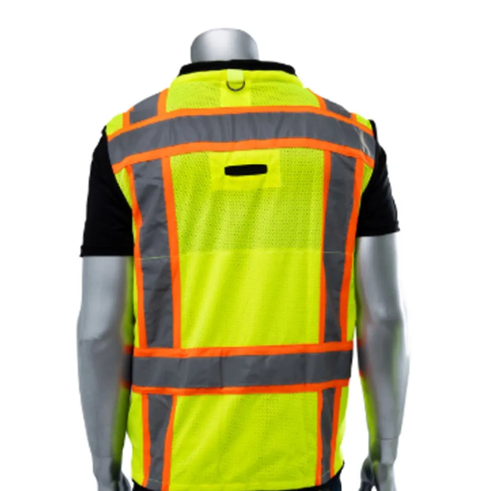 PIP Safety ANSI Type R Class 2 Two-Tone Twelve Pocket Tethering Vest with Ripstop Black Bottom Front and "D" Ring Access 302-0670T-LY/L