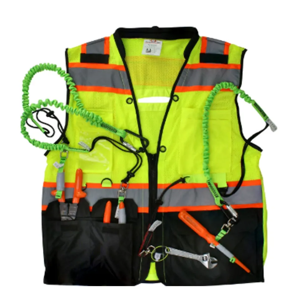 PIP Safety ANSI Type R Class 2 Two-Tone Twelve Pocket Tethering Vest with Ripstop Black Bottom Front and "D" Ring Access 302-0670T-LY/L