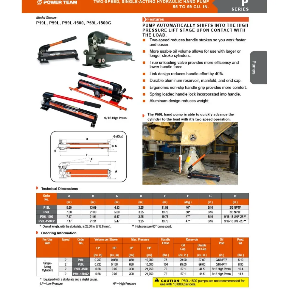 Power Team SPX Aluminum Hydraulic Hand Pump 2 Speed P59L