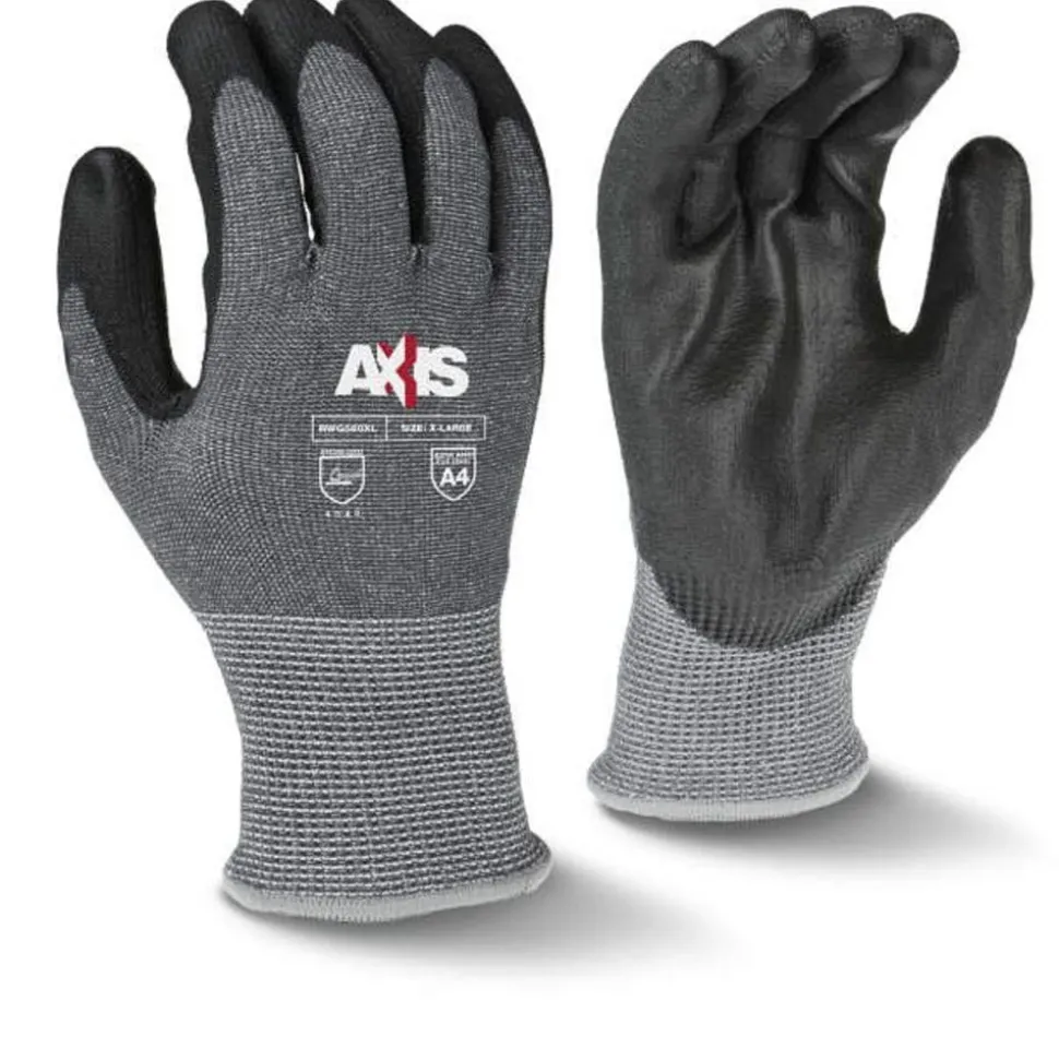 Radians Axis Gloves ANSI Cut Level A4 13 Gauge Gray HPPE with Black PU Palm, Large RWG560L