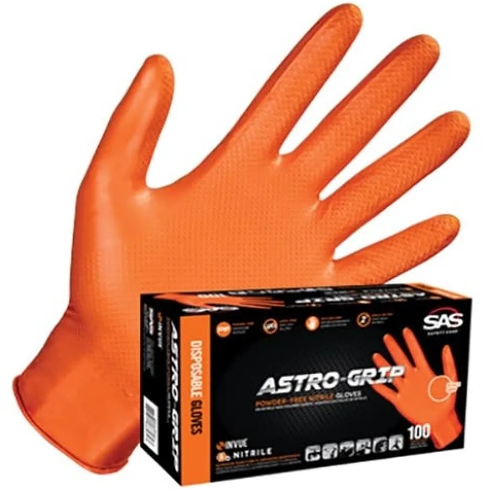 SAS Astro-Grip 8 Mil Disposable Nitrile Gloves Reinforced Scale Grip - (Box of 100) 66572