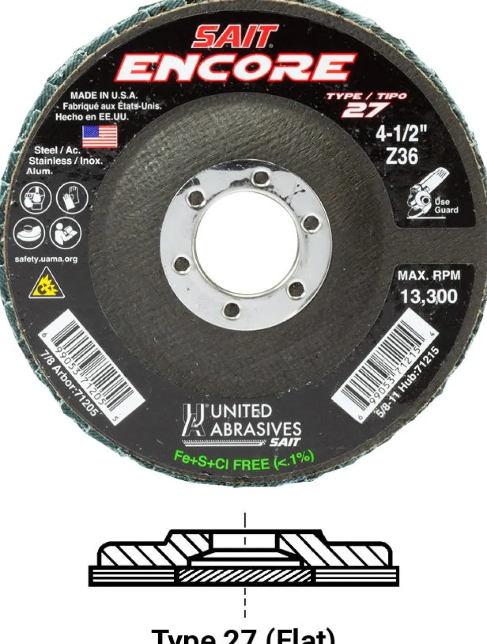 United Abrasives Encore Fiberglass Backed Flap Disc (Type 27) 4-1/2" x 5/8"-11, 60 Grit 71218