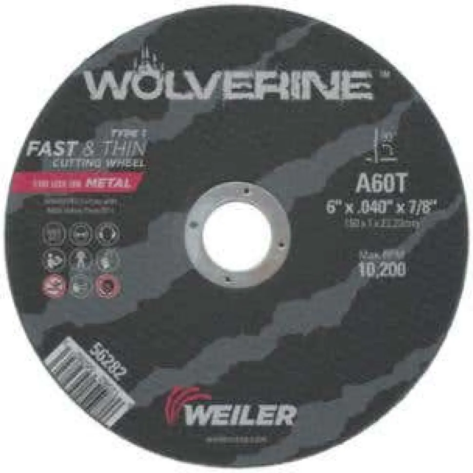 Weiler Wolverine AO Flat Type 1 Cutting Wheel, 6", 0.040", 7/8" Arbor, 60 Grit 56282